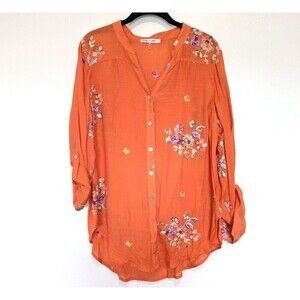 Figueroa & Flower Anthropologie Top Womens Size L Orange Floral Embroidered Boho